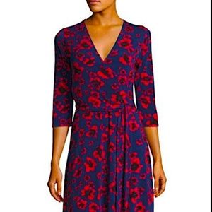 Leota 3/4 Sleeve Navy Blue & Red Pansey Faux Wrap Dress